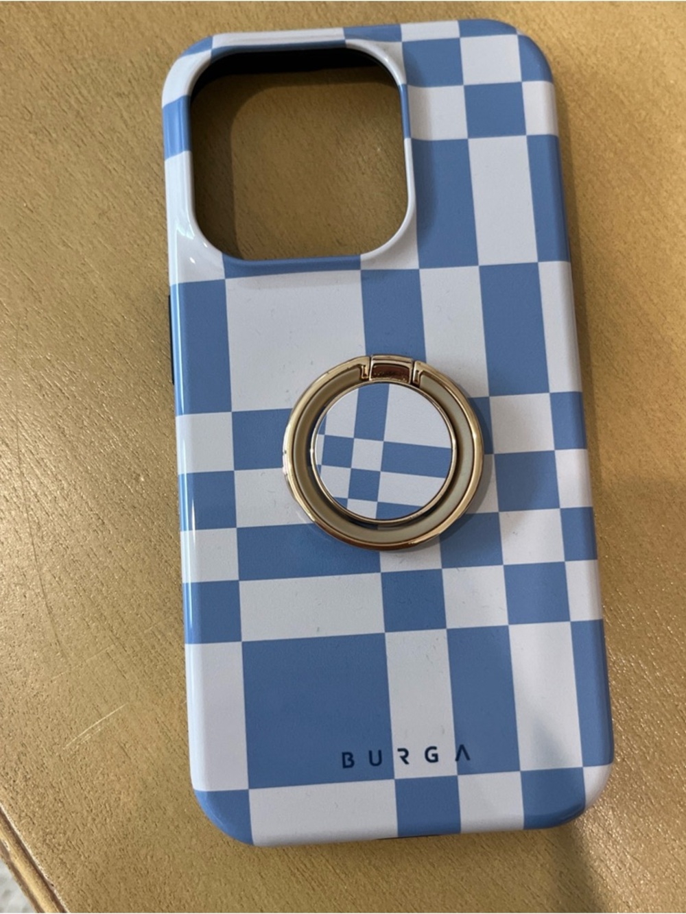 Burga iPhone 15 Blue Checkered iPhone Case with Gold Ring & Dust Bag